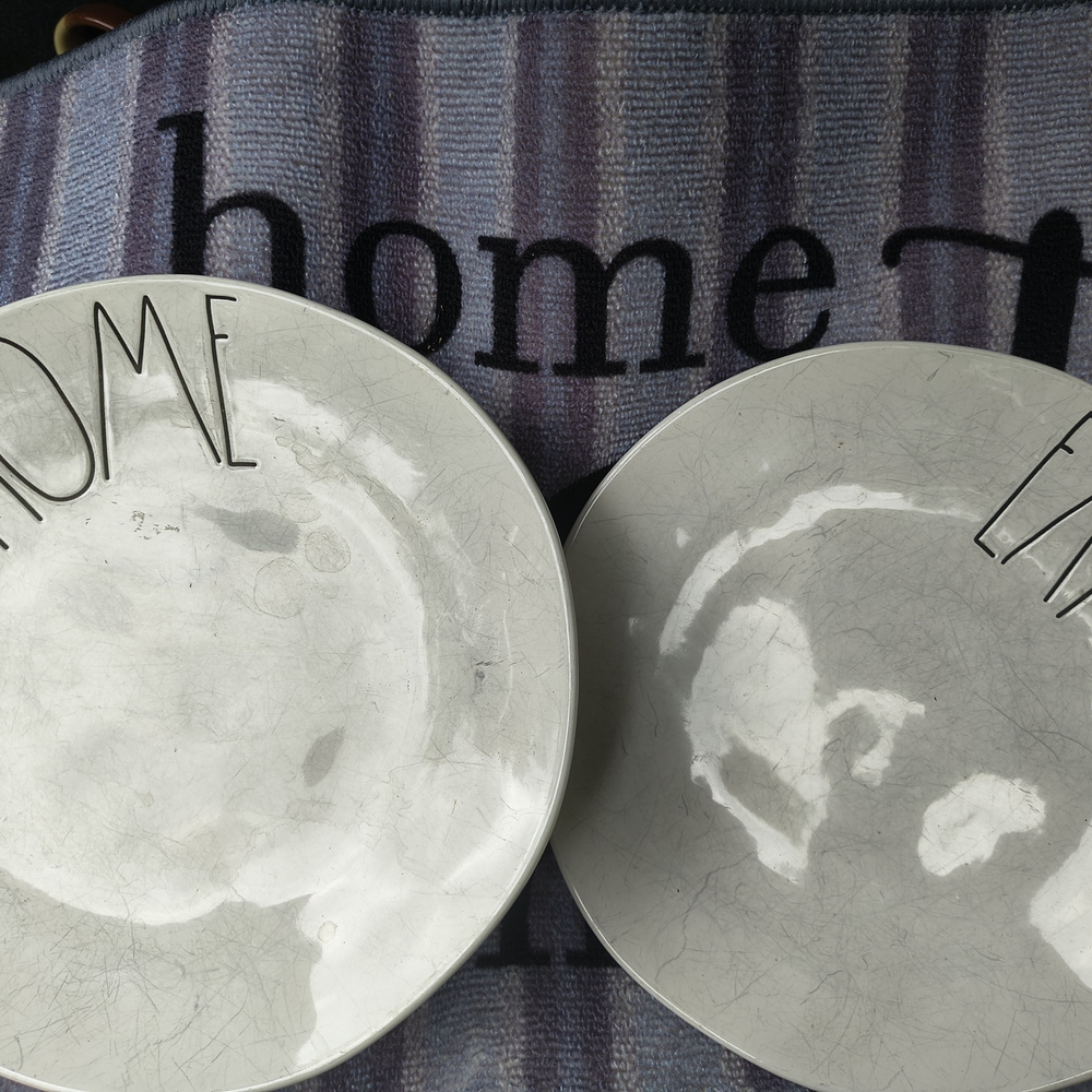 White Ceramic Plates with Black Lettering 2 Rae Dunn Plates.